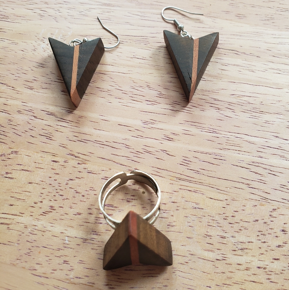 Geometric Wooden Earrings and Ring Set